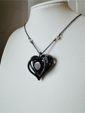 Red heart crystal black plated necklace pearl vampire goth Victorian dark